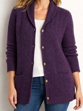 Talbots Purple Textured Herringbone Shawl Collar XL Wool Knit Cardigan